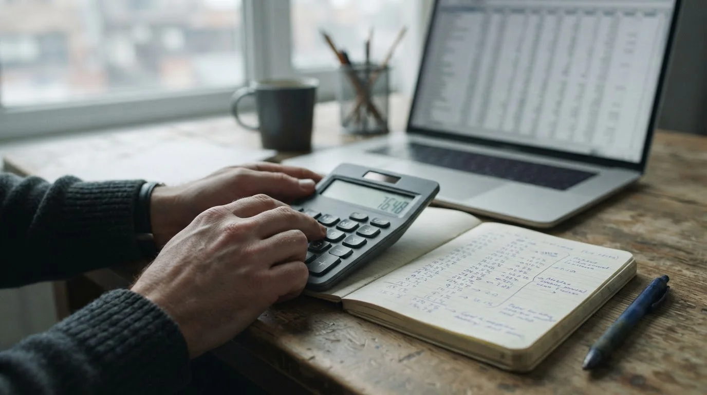 Manos usando una calculadora junto a una libreta con columnas de porcentajes
