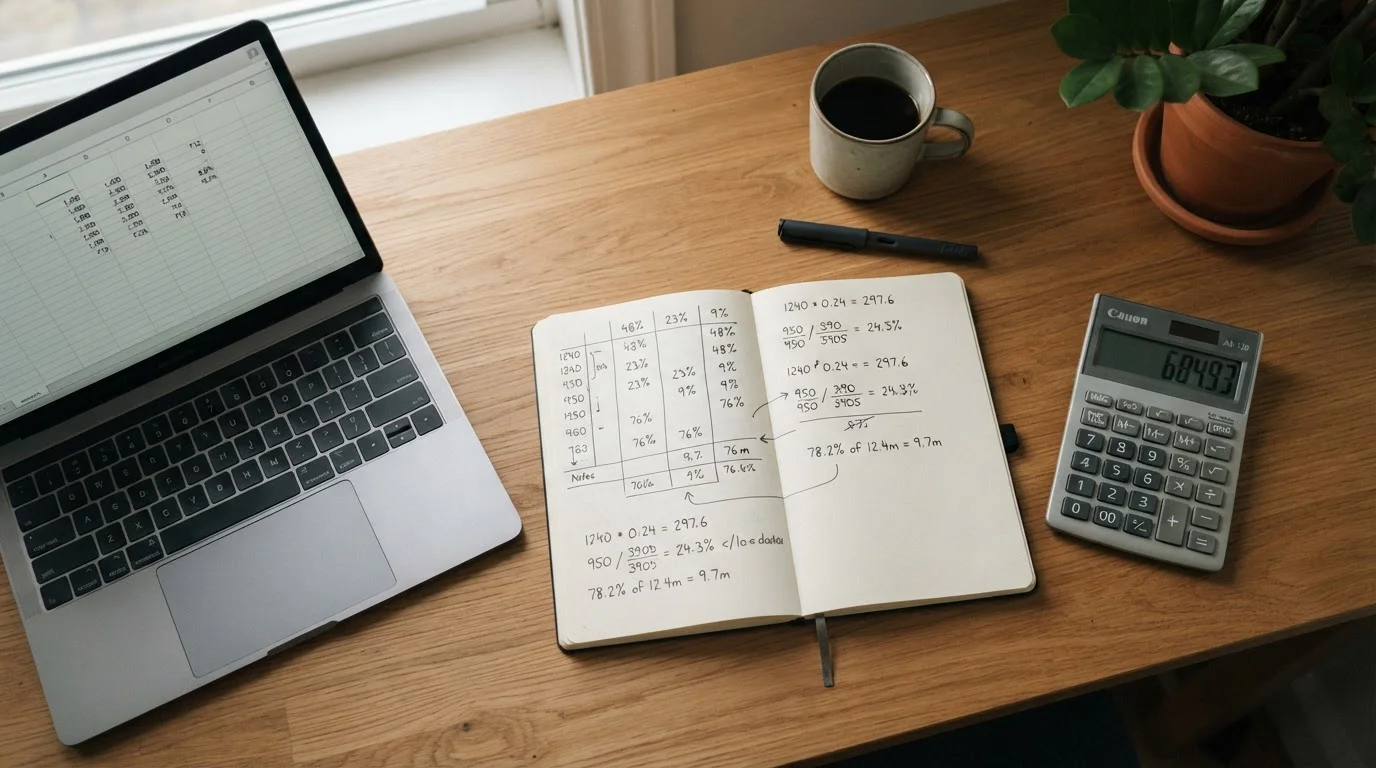 Calculadora y cuaderno con operaciones sobre porcentajes junto a un portátil